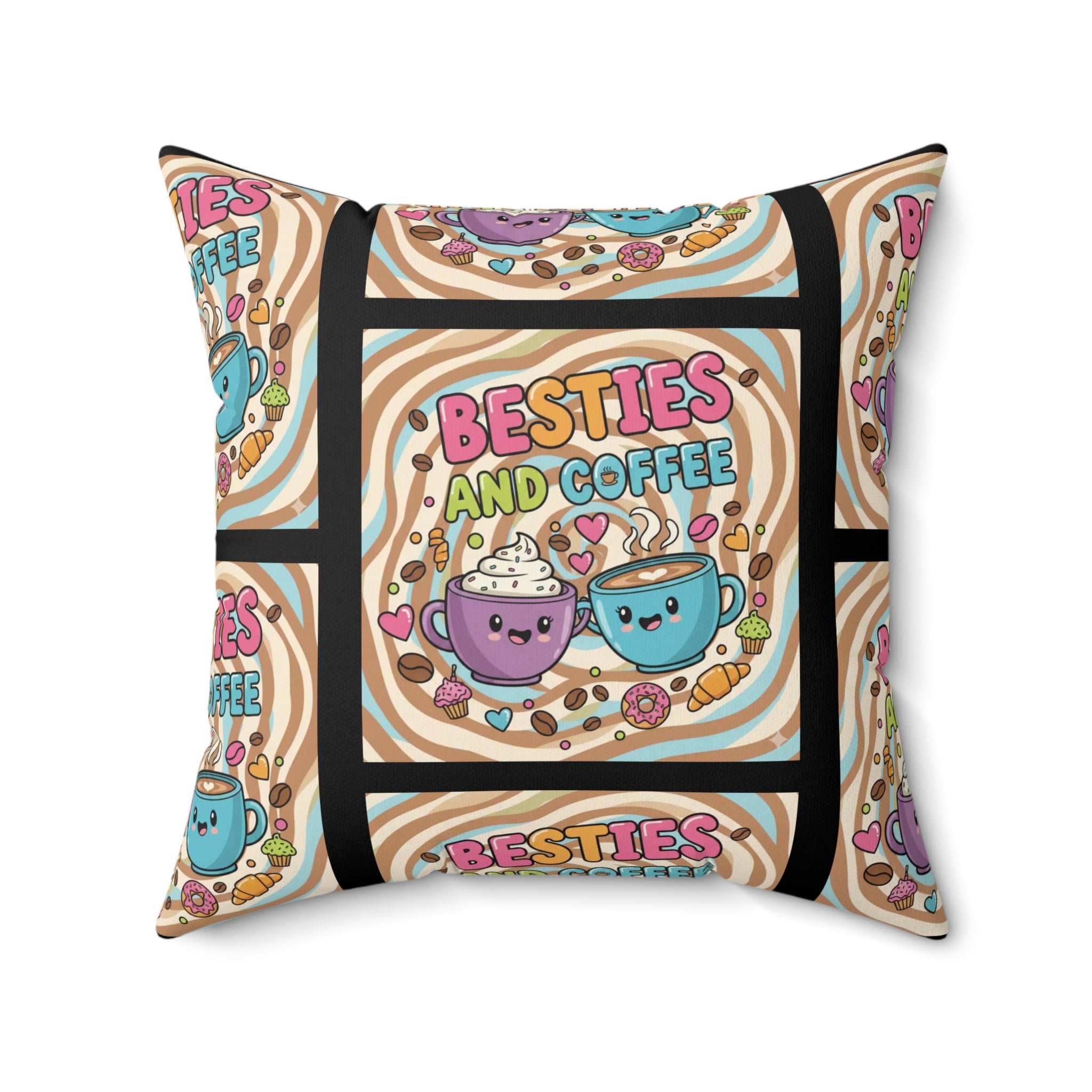 Besties & Coffee Sticker Accent Pillow | Cozy Community-Inspired Home Décor