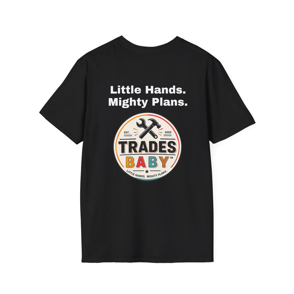 Little Hands Mighty Plans T-Shirt | TradesBaby Kids Builder Tee | Blue Collar Family Shirt for Parents, Makers & Future Builders