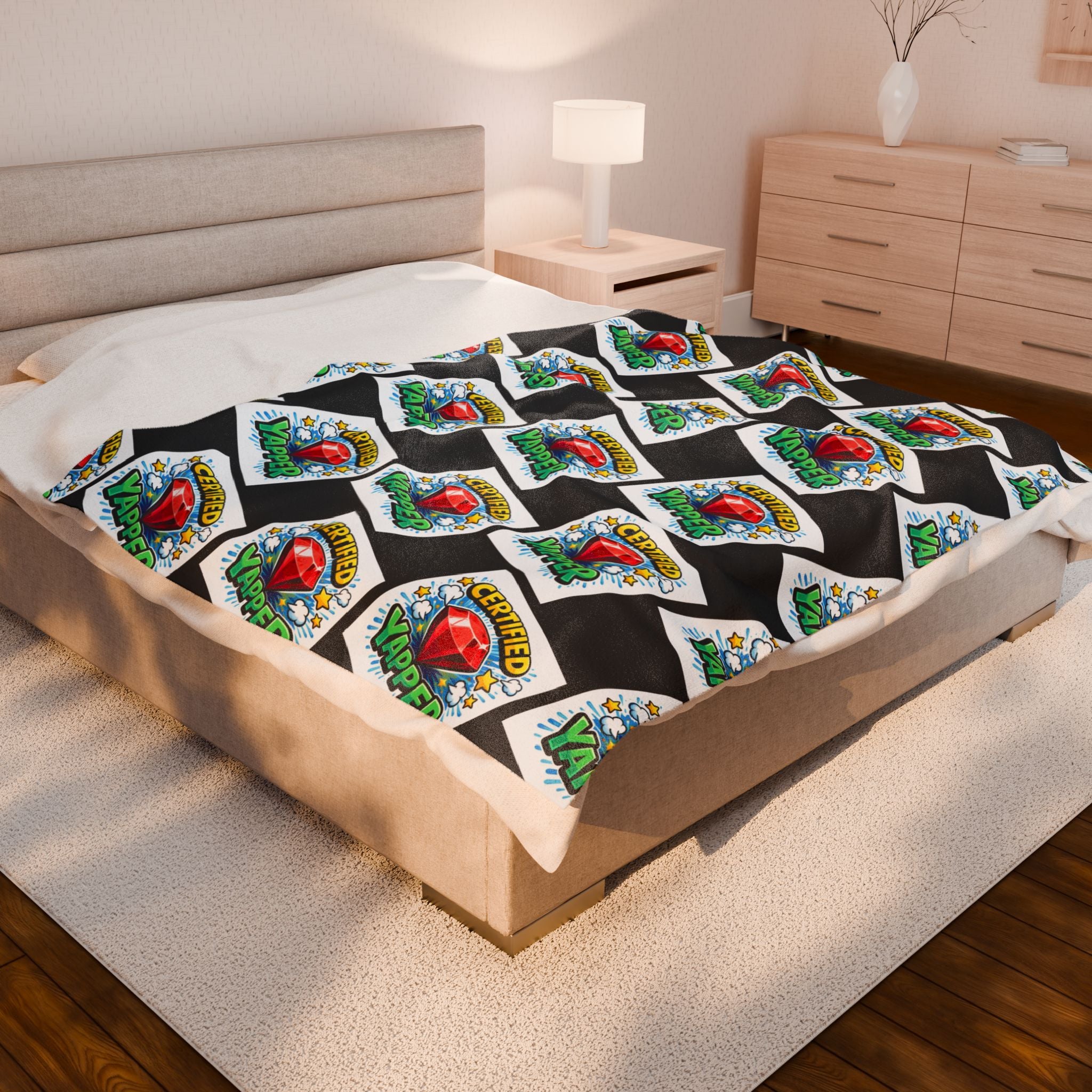 Certified Yapper Checkerboard Plush Blanket | Cozy Statement Throw with Ruby Detail