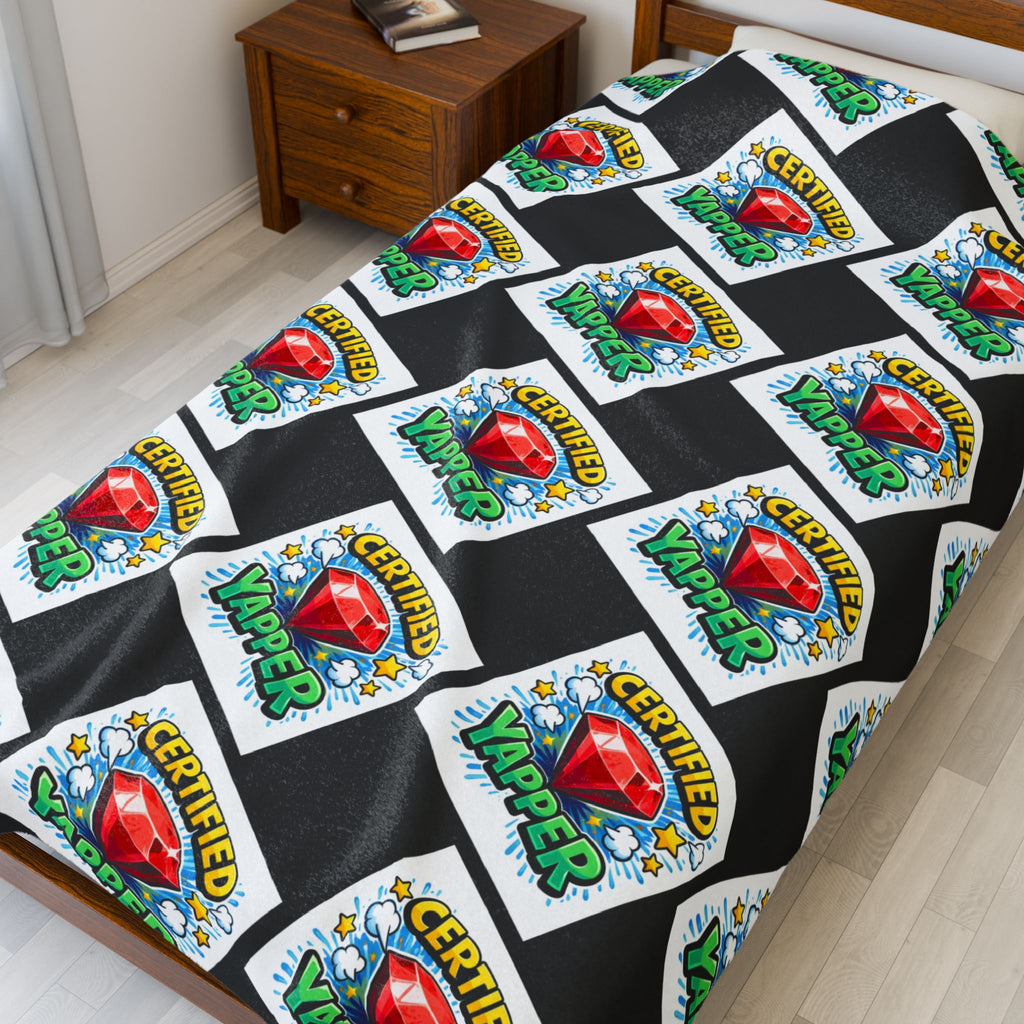 Certified Yapper Checkerboard Plush Blanket | Cozy Statement Throw with Ruby Detail