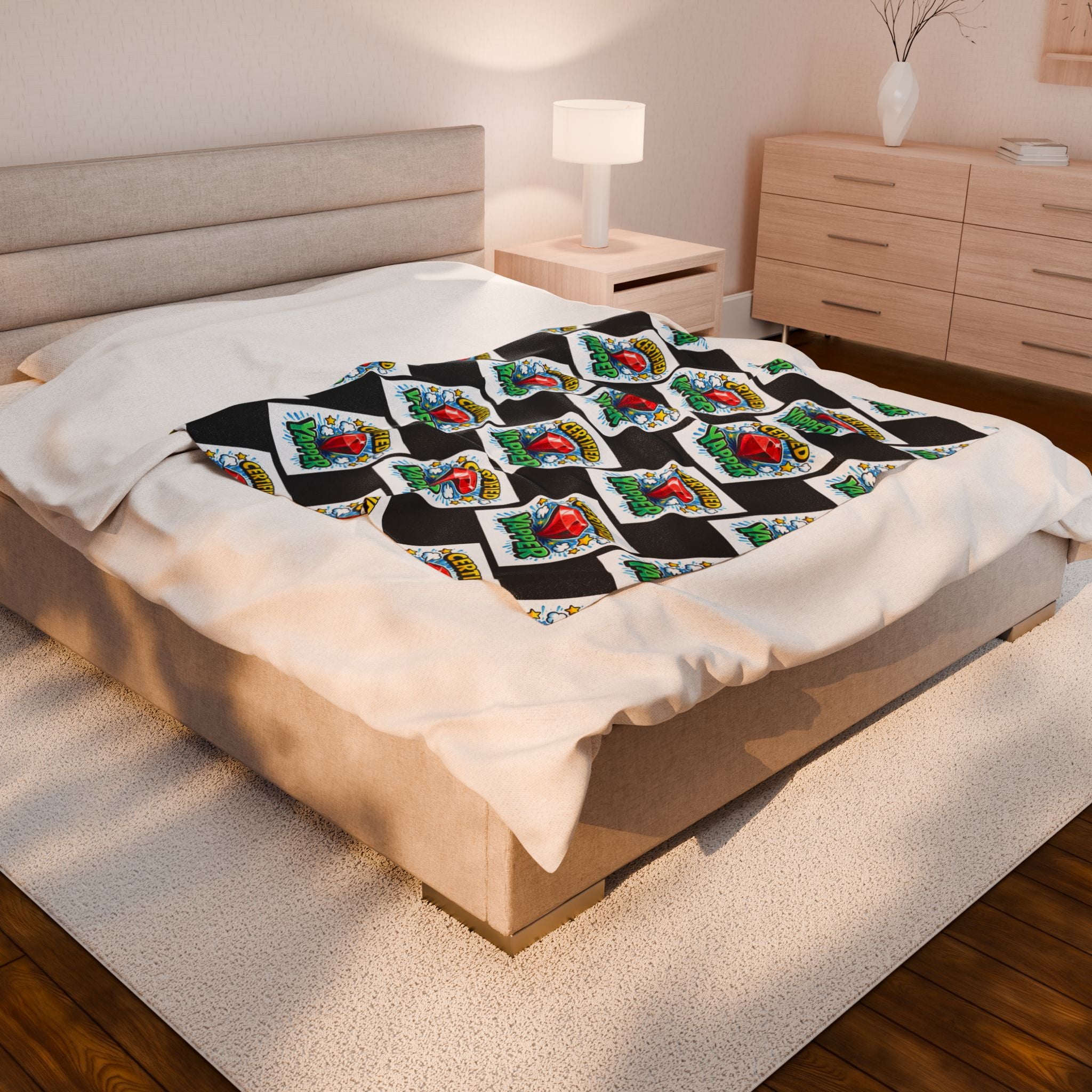 Certified Yapper Checkerboard Plush Blanket | Cozy Statement Throw with Ruby Detail