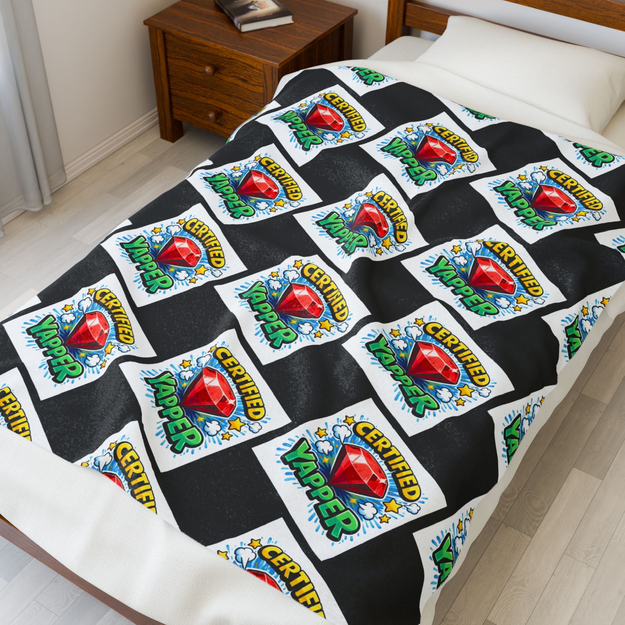 Certified Yapper Checkerboard Plush Blanket | Cozy Statement Throw with Ruby Detail