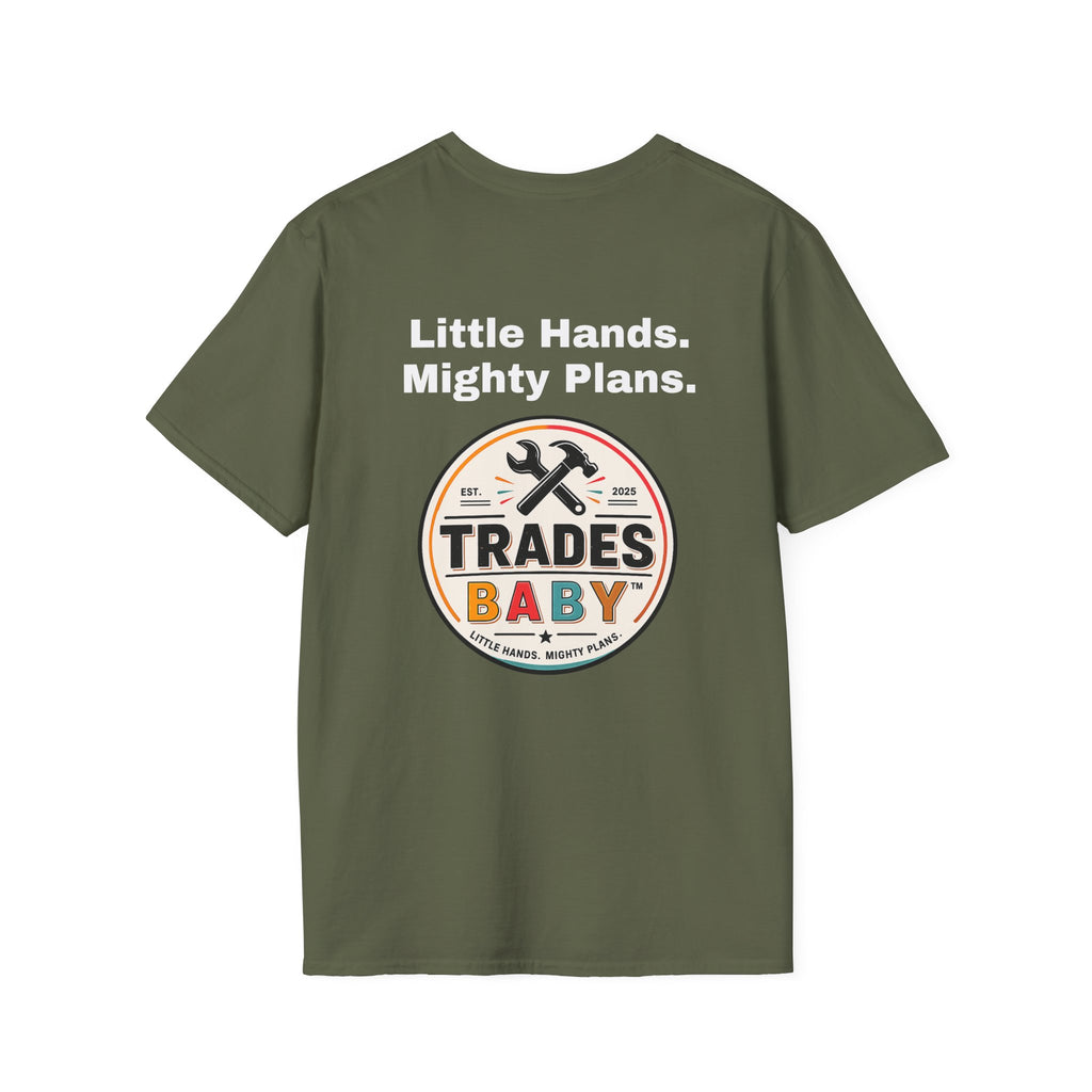 Little Hands Mighty Plans T-Shirt | TradesBaby Kids Builder Tee | Blue Collar Family Shirt for Parents, Makers & Future Builders