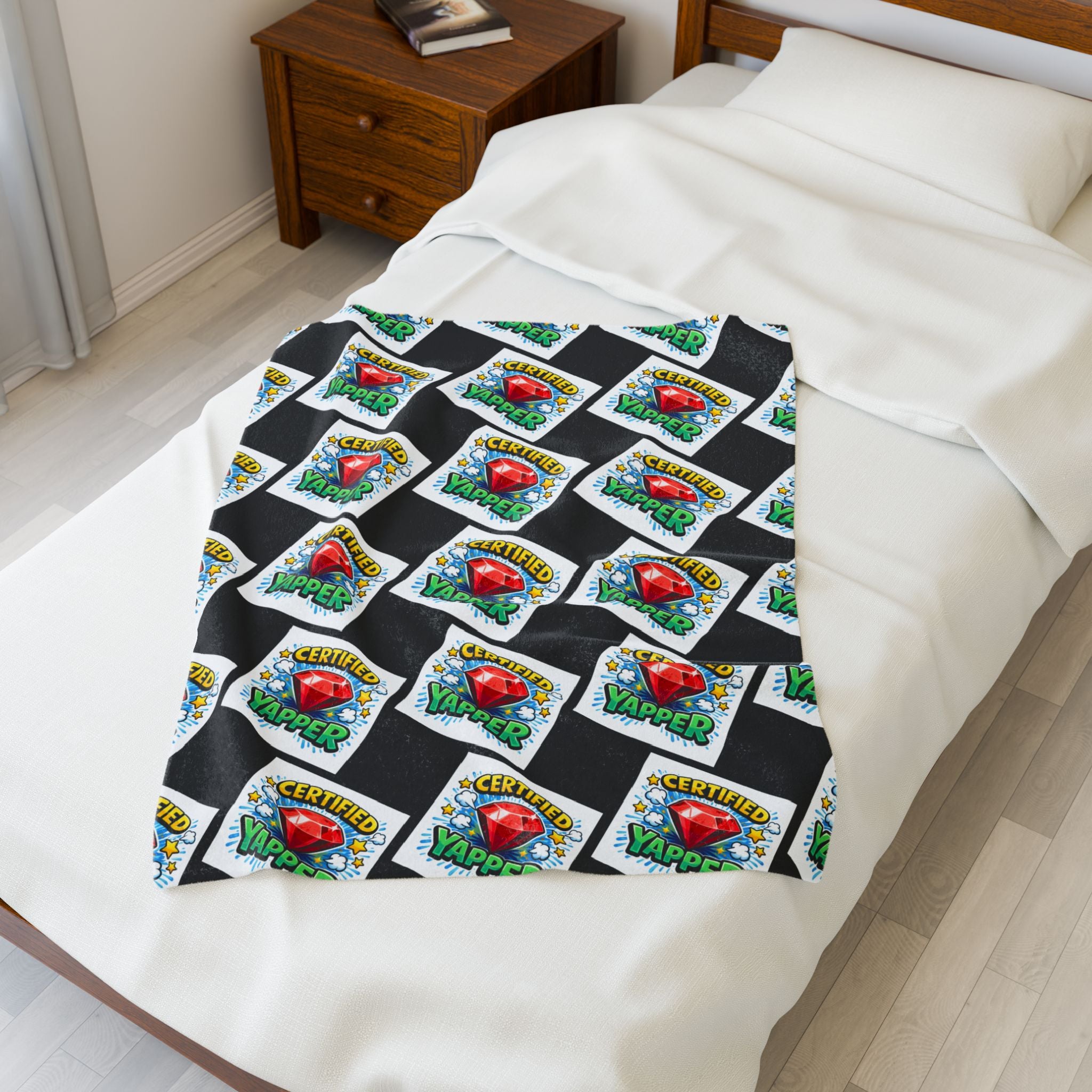 Certified Yapper Checkerboard Plush Blanket | Cozy Statement Throw with Ruby Detail