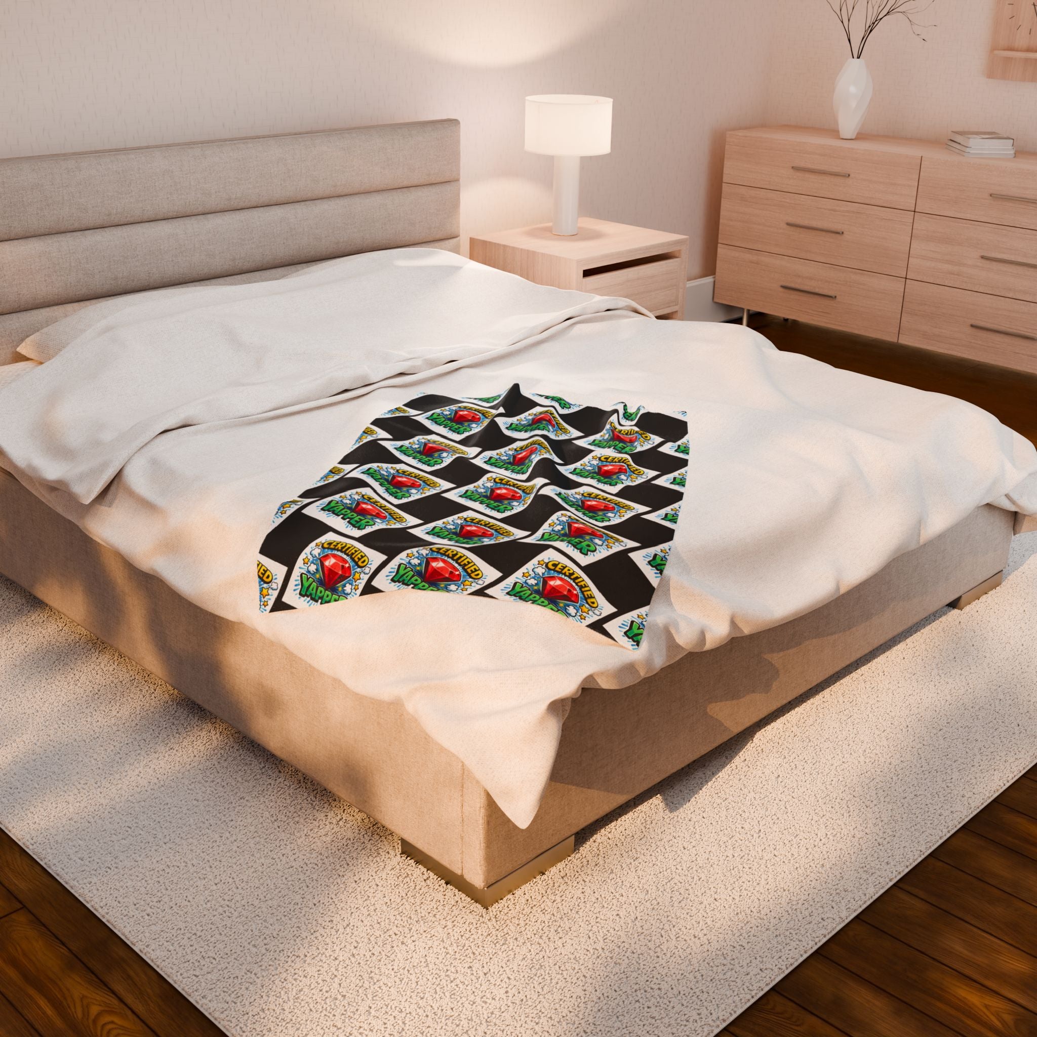 Certified Yapper Checkerboard Plush Blanket | Cozy Statement Throw with Ruby Detail