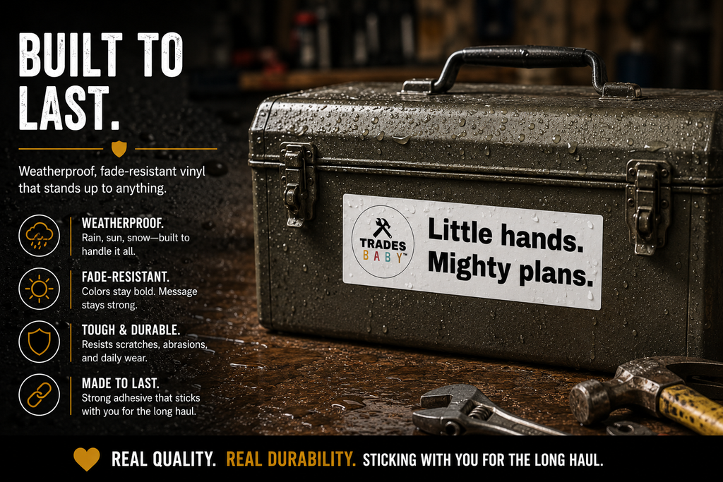Little Hands Mighty Plans Bumper Sticker | TradesBaby Kids Builder Decal | Blue Collar Family Sticker for Trucks, Toolboxes & Makers