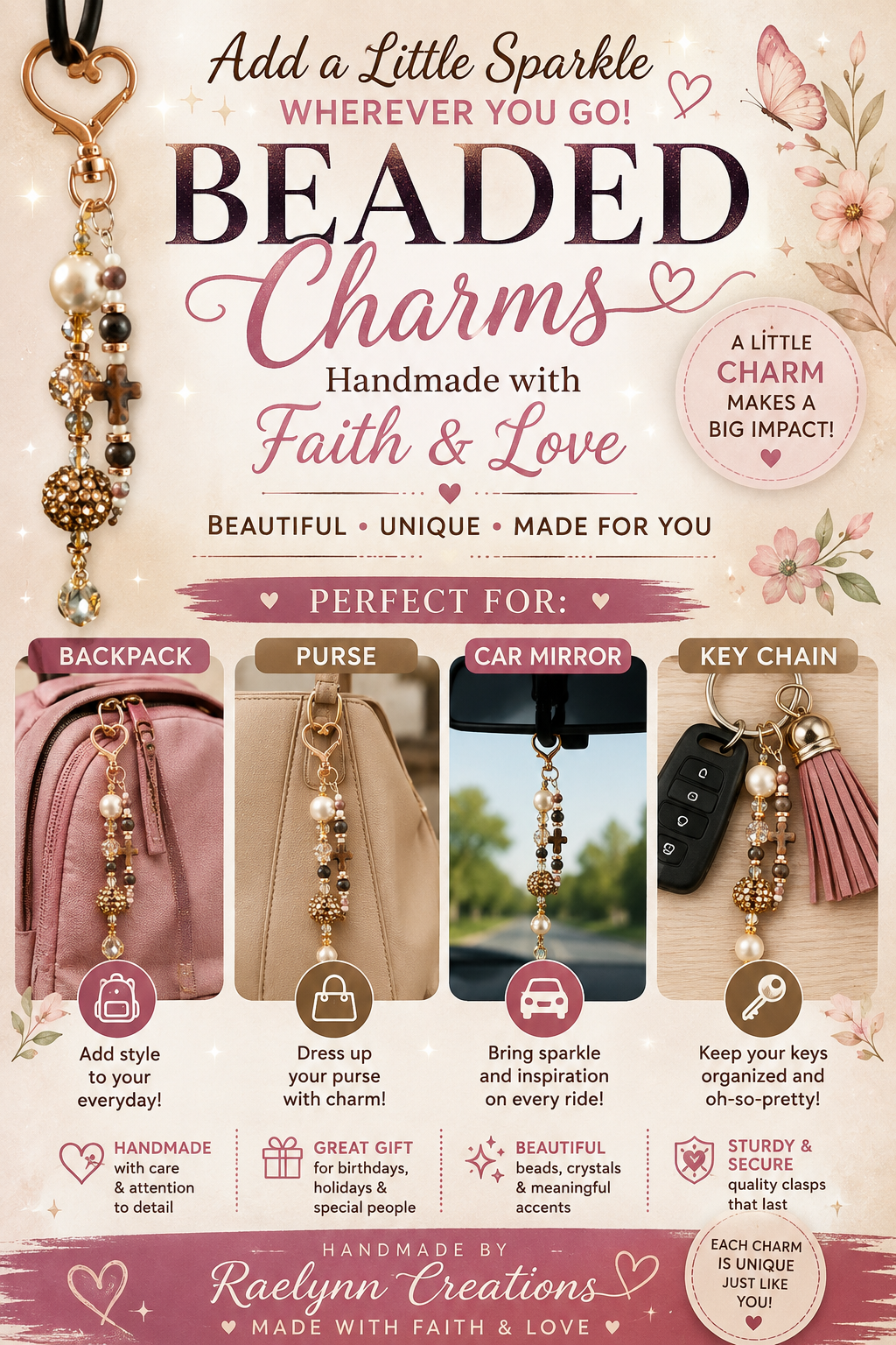 Bronze Cross & Sparkle Beaded Charm 🤎✨ by Raelynn Creations