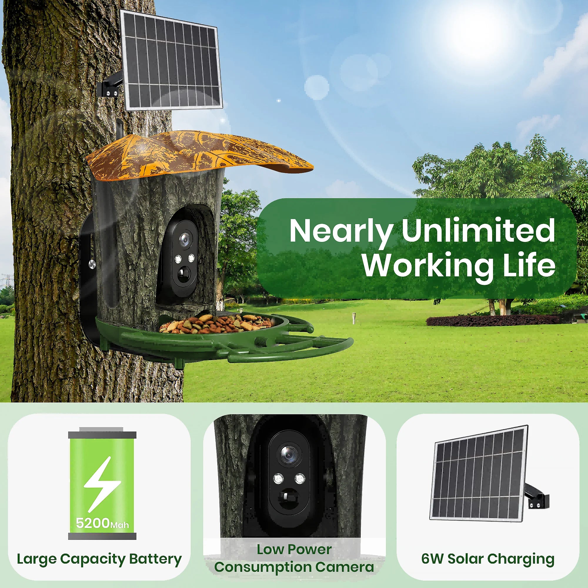 Smart Bird Feeder with Camera – 2K HD WiFi Birdhouse with AI Detection & Solar Power