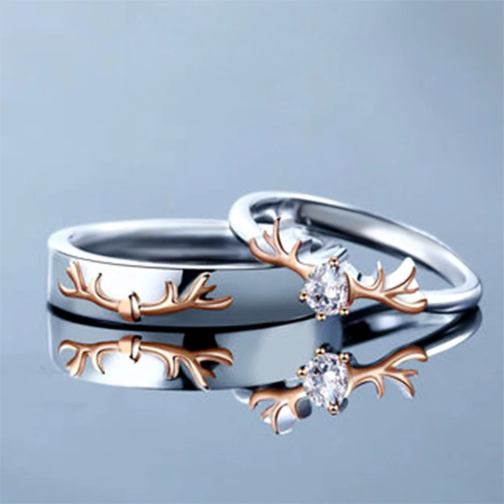 925 Silver Antler Engagement Ring – Rose Gold Plated, Round Cut Zircon