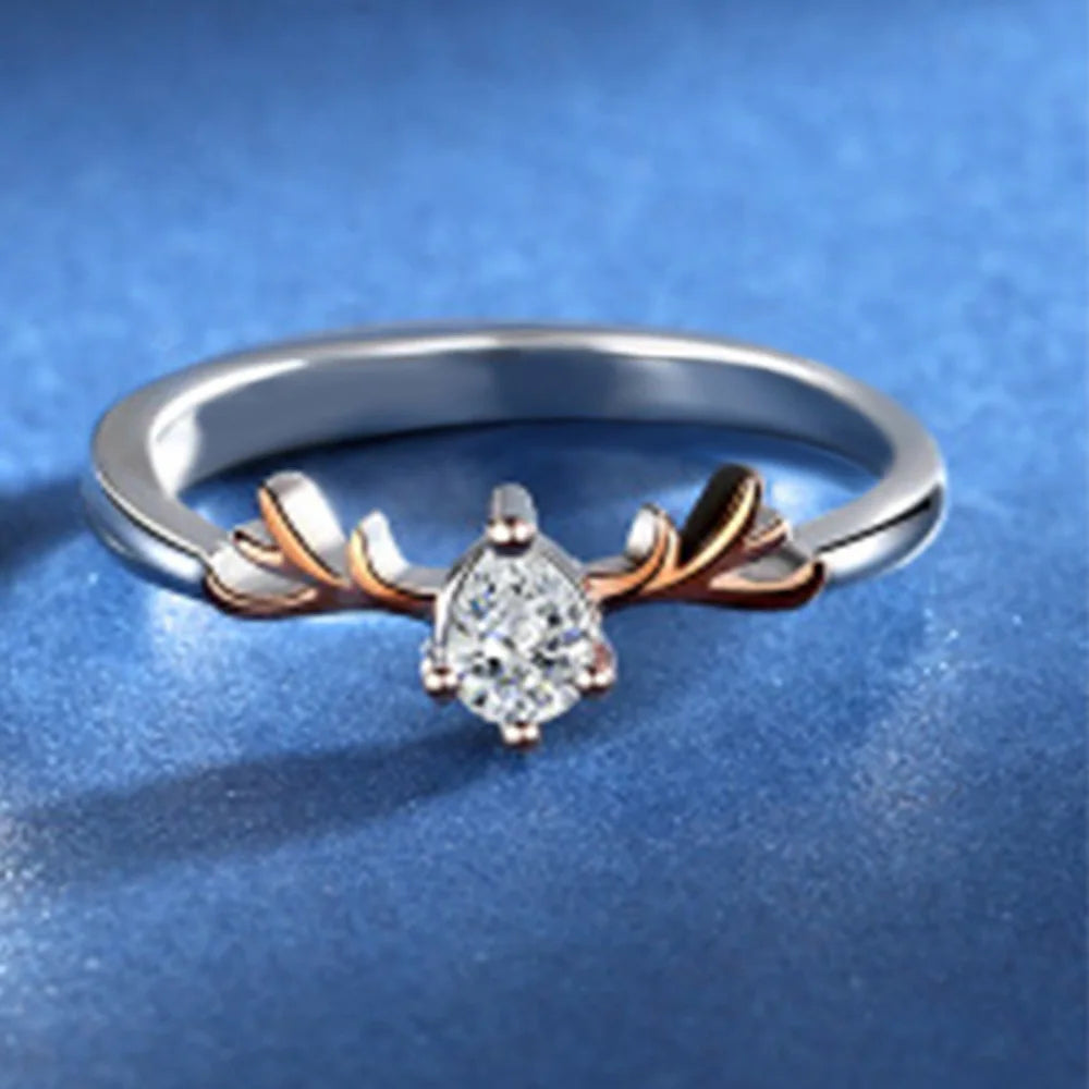 925 Silver Antler Engagement Ring – Rose Gold Plated, Round Cut Zircon