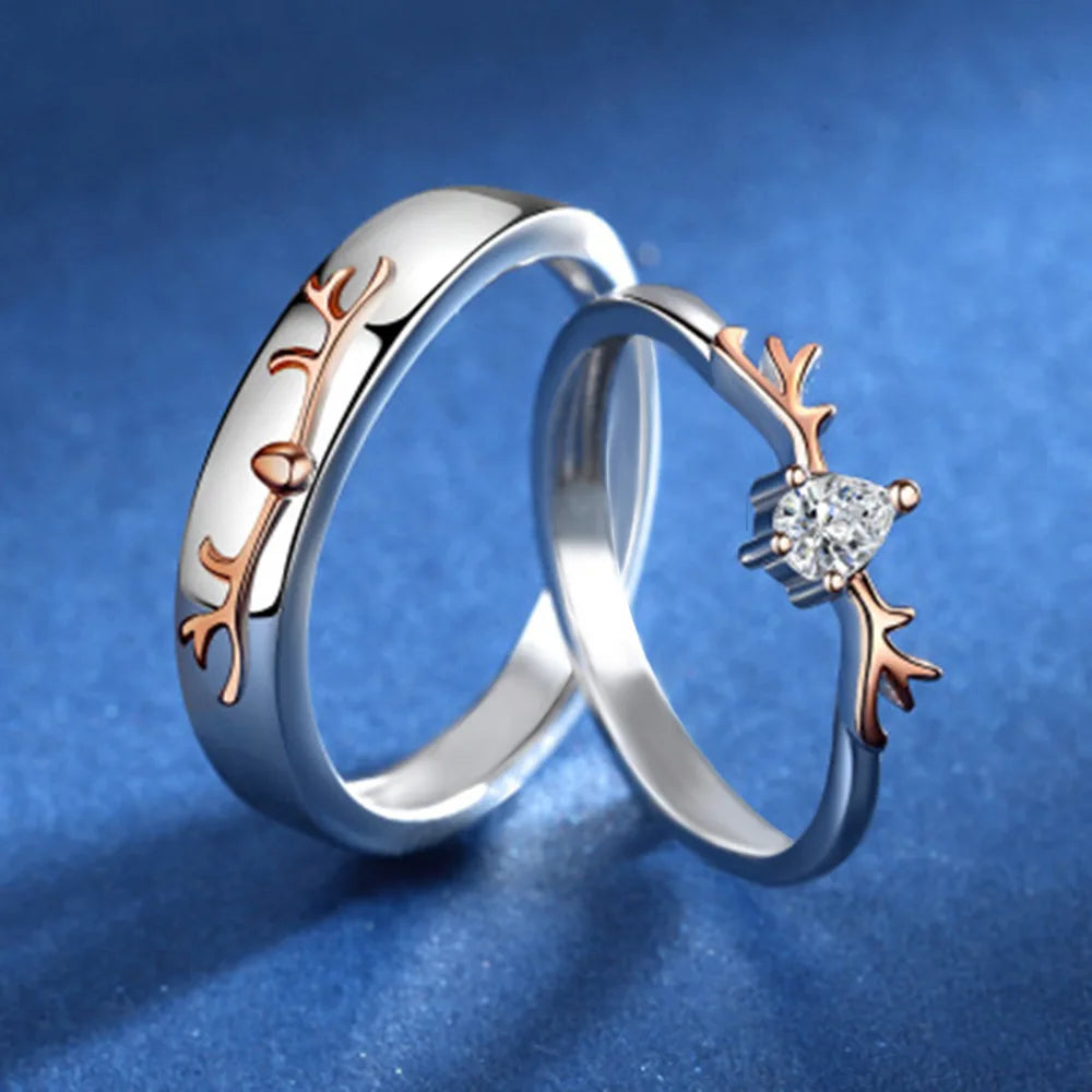 925 Silver Antler Engagement Ring – Rose Gold Plated, Round Cut Zircon