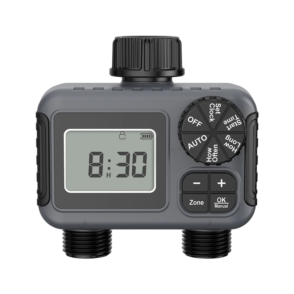 2-Zone Smart Hose Timer – Programmable Sprinkler Controller with Rain Delay, Auto/Manual Modes (Water-Saving Irrigation System)
