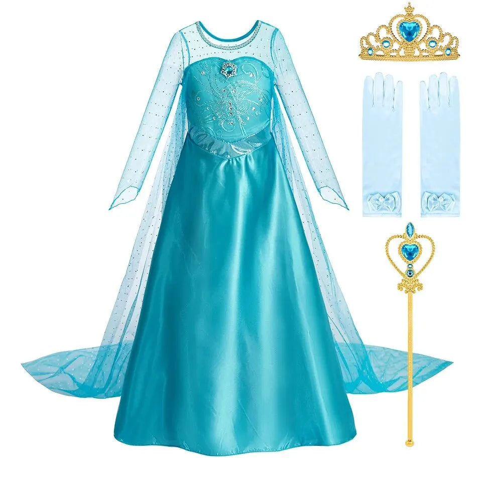 Girls Snow Queen Princess Dress – Elsa-Inspired Costume with Long Cloak for Halloween & Dress Up