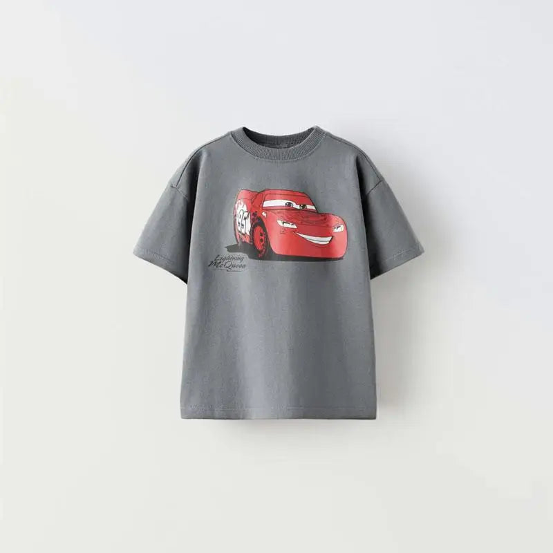 Car Cartoon Tee for Boys – Summer Short Sleeve Casual Kids T-Shirt with Printed Pattern