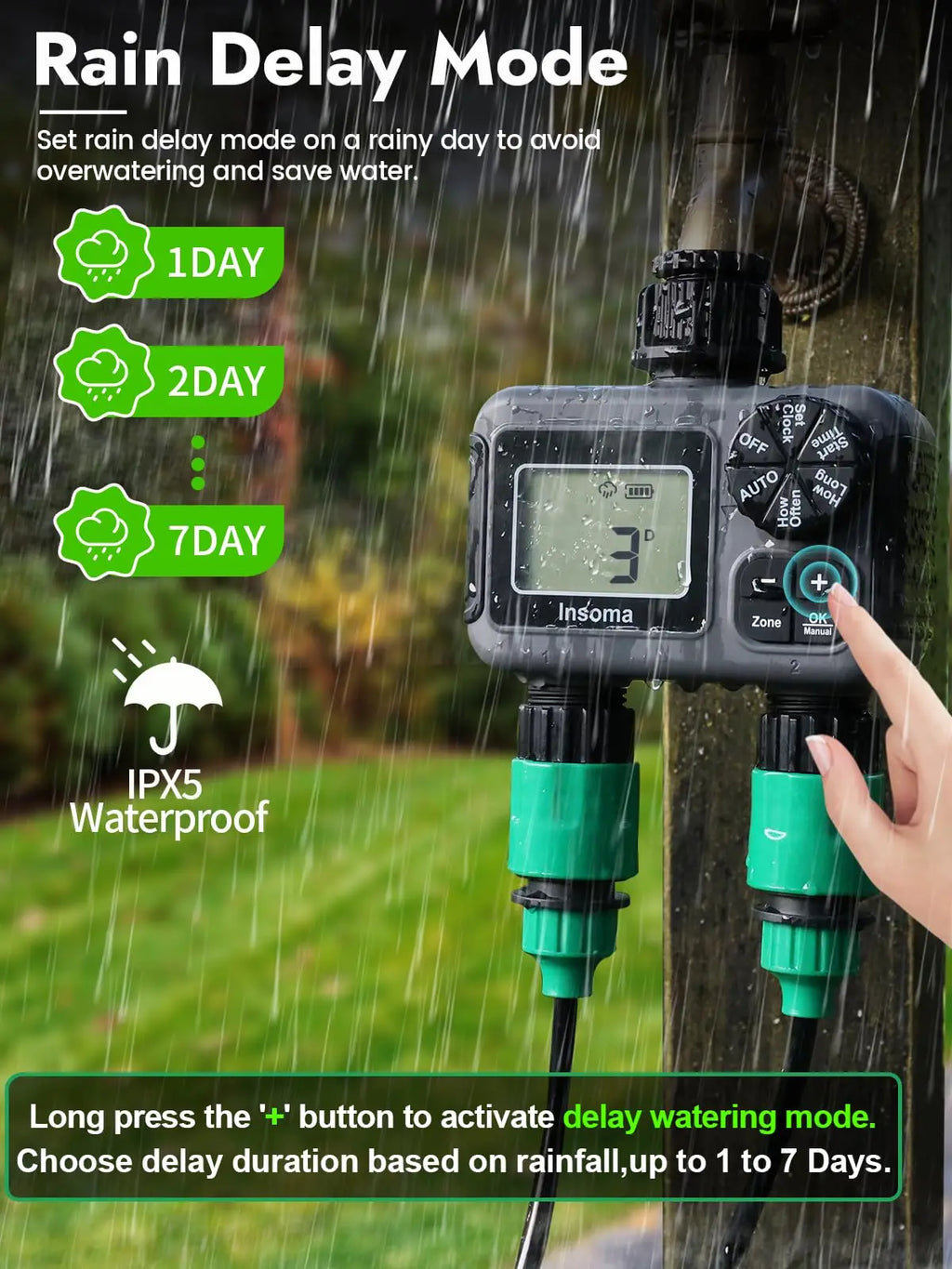 2-Zone Smart Hose Timer – Programmable Sprinkler Controller with Rain Delay, Auto/Manual Modes (Water-Saving Irrigation System)