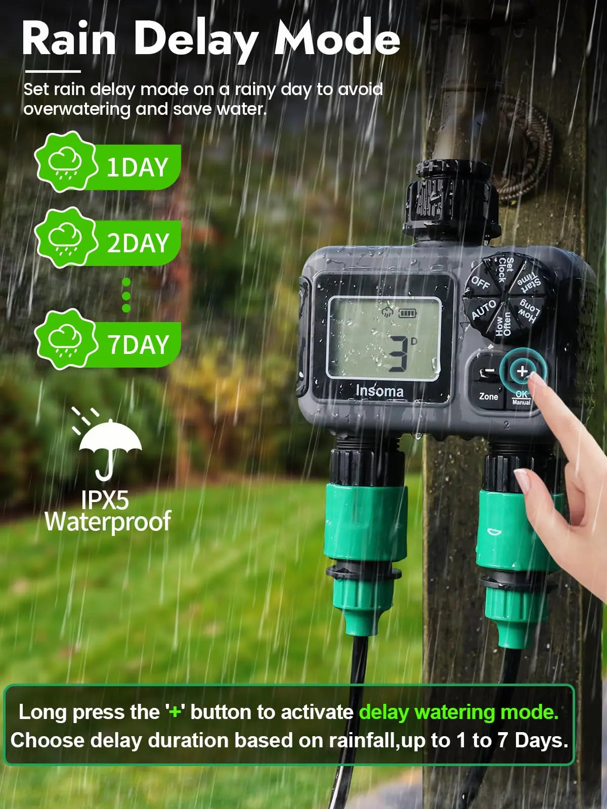 2-Zone Smart Hose Timer – Programmable Sprinkler Controller with Rain Delay, Auto/Manual Modes (Water-Saving Irrigation System)
