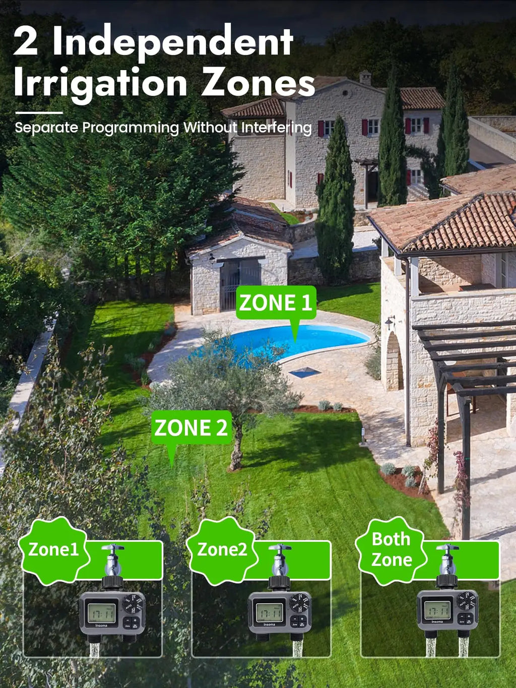 2-Zone Smart Hose Timer – Programmable Sprinkler Controller with Rain Delay, Auto/Manual Modes (Water-Saving Irrigation System)