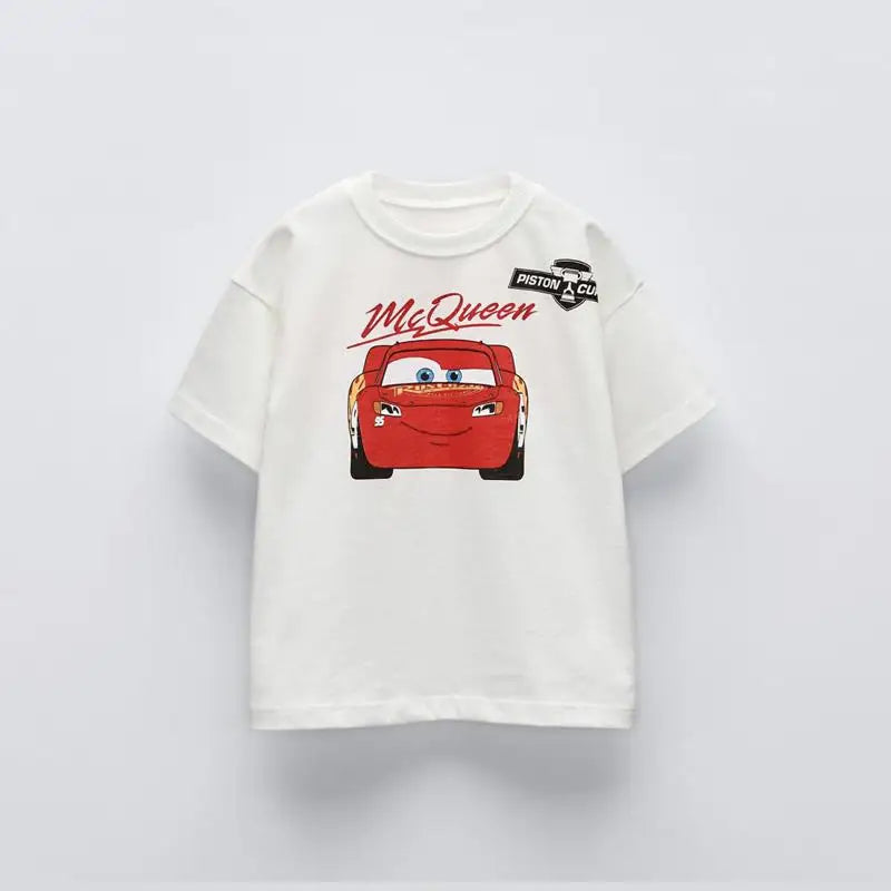 Car Cartoon Tee for Boys – Summer Short Sleeve Casual Kids T-Shirt with Printed Pattern