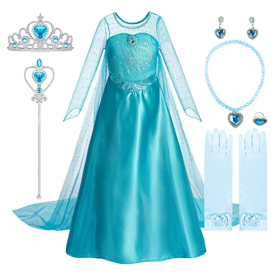 Girls Snow Queen Princess Dress – Elsa-Inspired Costume with Long Cloak for Halloween & Dress Up