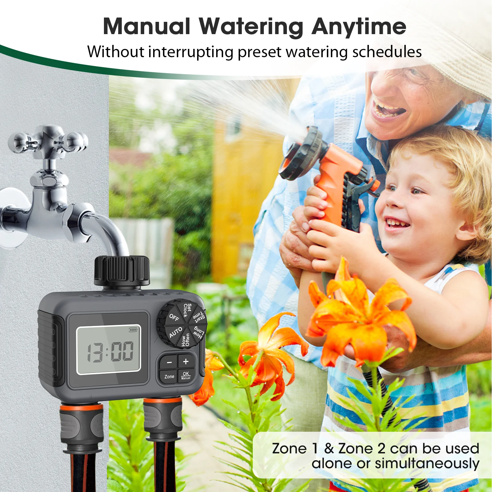 2-Zone Smart Hose Timer – Programmable Sprinkler Controller with Rain Delay, Auto/Manual Modes (Water-Saving Irrigation System)