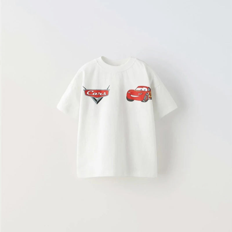 Car Cartoon Tee for Boys – Summer Short Sleeve Casual Kids T-Shirt with Printed Pattern