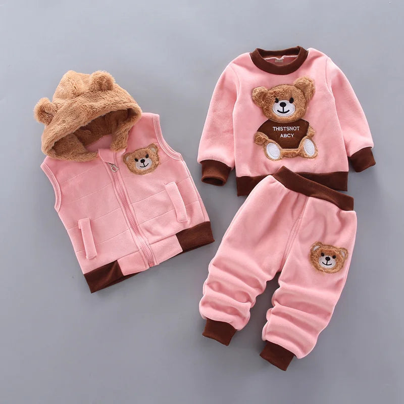 Kids 3-Piece Bear Outfit Set – Cotton Warm Hoodie, Vest & Pants for Boys & Girls (0–4 Years)