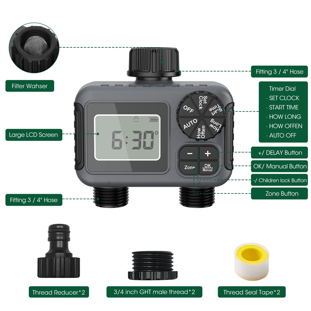 2-Zone Smart Hose Timer – Programmable Sprinkler Controller with Rain Delay, Auto/Manual Modes (Water-Saving Irrigation System)