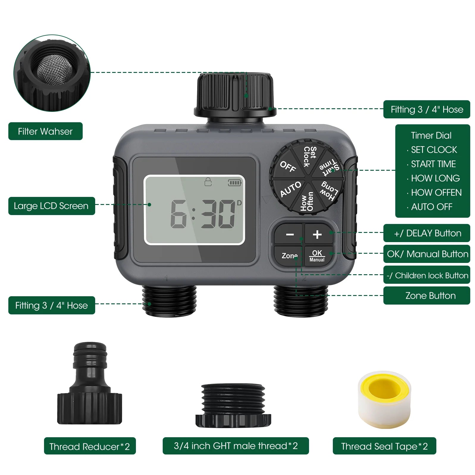 2-Zone Smart Hose Timer – Programmable Sprinkler Controller with Rain Delay, Auto/Manual Modes (Water-Saving Irrigation System)