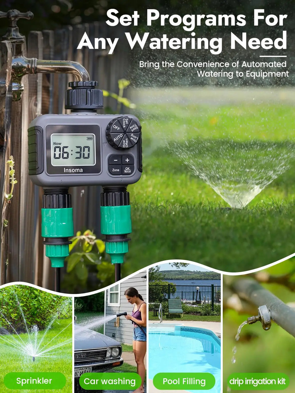 2-Zone Smart Hose Timer – Programmable Sprinkler Controller with Rain Delay, Auto/Manual Modes (Water-Saving Irrigation System)