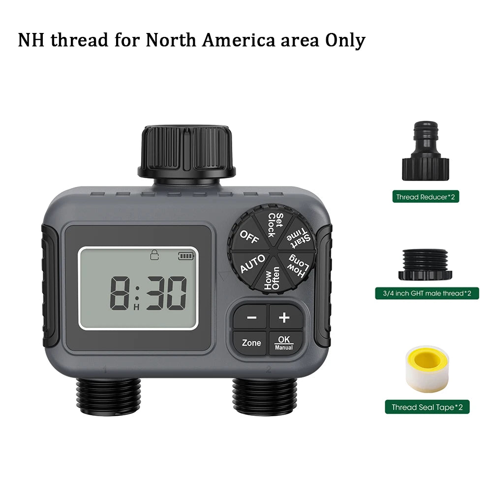 2-Zone Smart Hose Timer – Programmable Sprinkler Controller with Rain Delay, Auto/Manual Modes (Water-Saving Irrigation System)