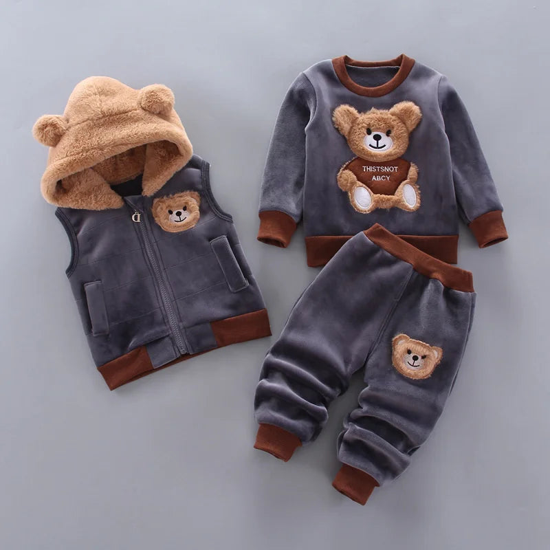 Kids 3-Piece Bear Outfit Set – Cotton Warm Hoodie, Vest & Pants for Boys & Girls (0–4 Years)