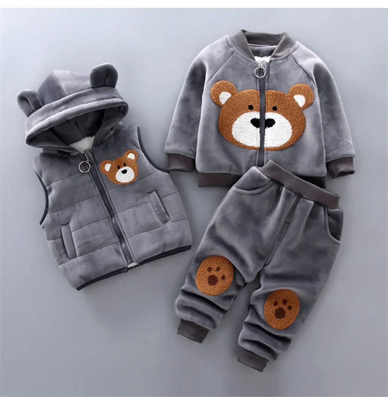 Kids 3-Piece Bear Outfit Set – Cotton Warm Hoodie, Vest & Pants for Boys & Girls (0–4 Years)