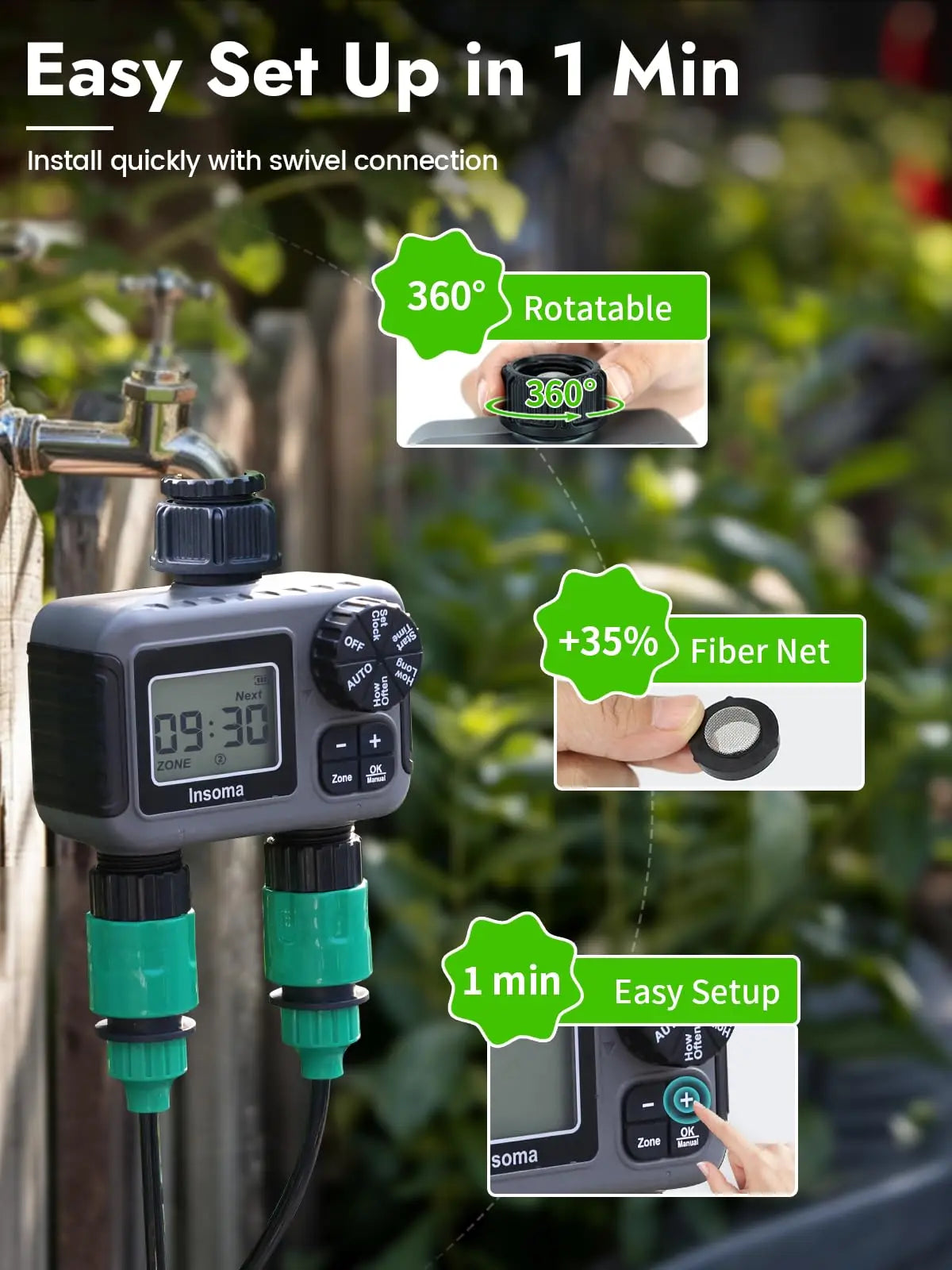 2-Zone Smart Hose Timer – Programmable Sprinkler Controller with Rain Delay, Auto/Manual Modes (Water-Saving Irrigation System)