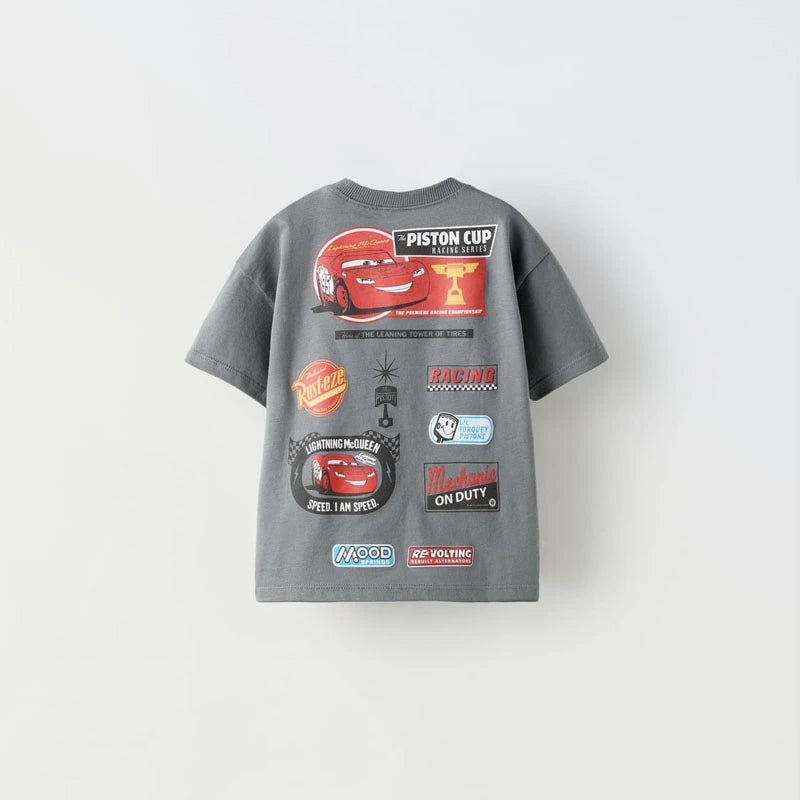 Car Cartoon Tee for Boys – Summer Short Sleeve Casual Kids T-Shirt with Printed Pattern