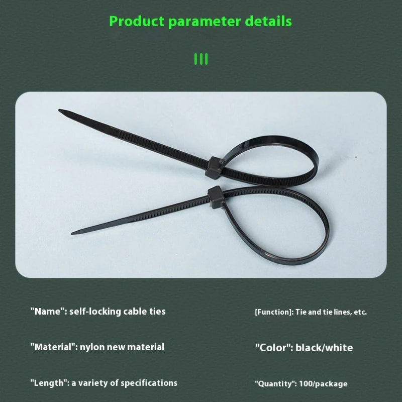 100PCS Nylon Cable Zip Ties – Self-Locking Fastening Straps (Black/White)
