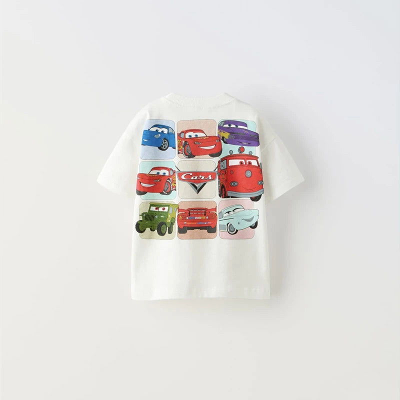 Car Cartoon Tee for Boys – Summer Short Sleeve Casual Kids T-Shirt with Printed Pattern