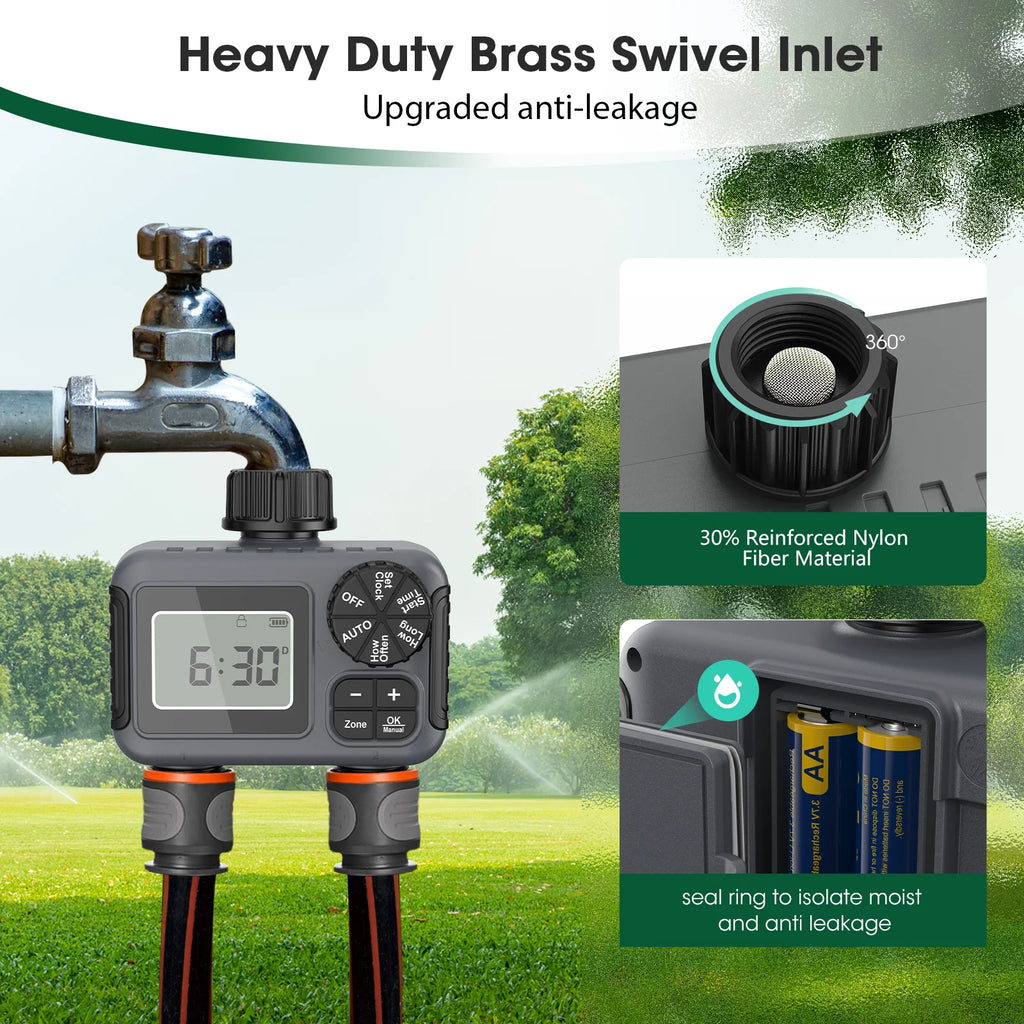 2-Zone Smart Hose Timer – Programmable Sprinkler Controller with Rain Delay, Auto/Manual Modes (Water-Saving Irrigation System)