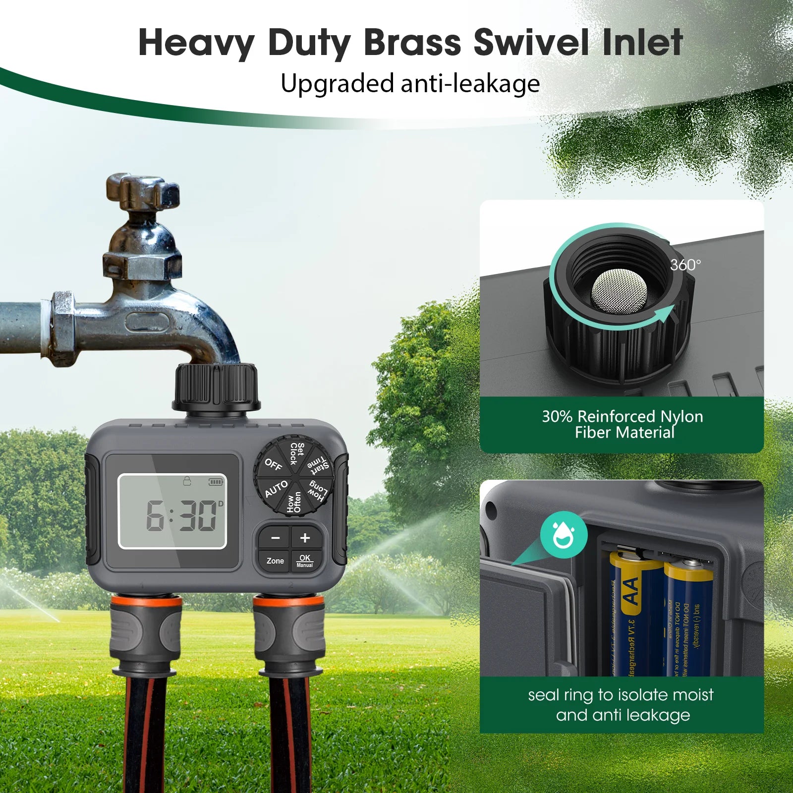 2-Zone Smart Hose Timer – Programmable Sprinkler Controller with Rain Delay, Auto/Manual Modes (Water-Saving Irrigation System)