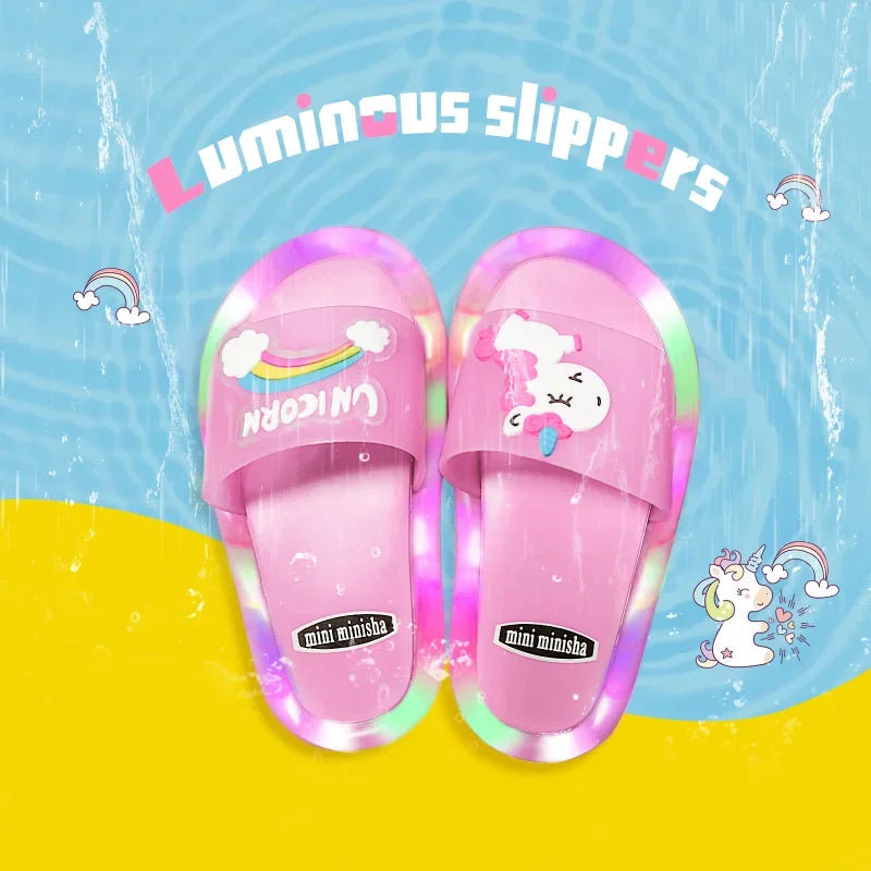 Kids Cartoon Unicorn Slippers – Light-Up Cute Summer Slides for Boys & Girls