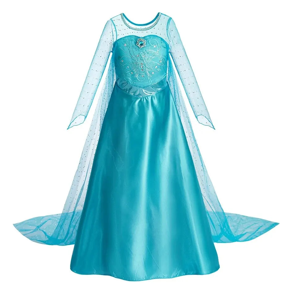 Girls Snow Queen Princess Dress – Elsa-Inspired Costume with Long Cloak for Halloween & Dress Up