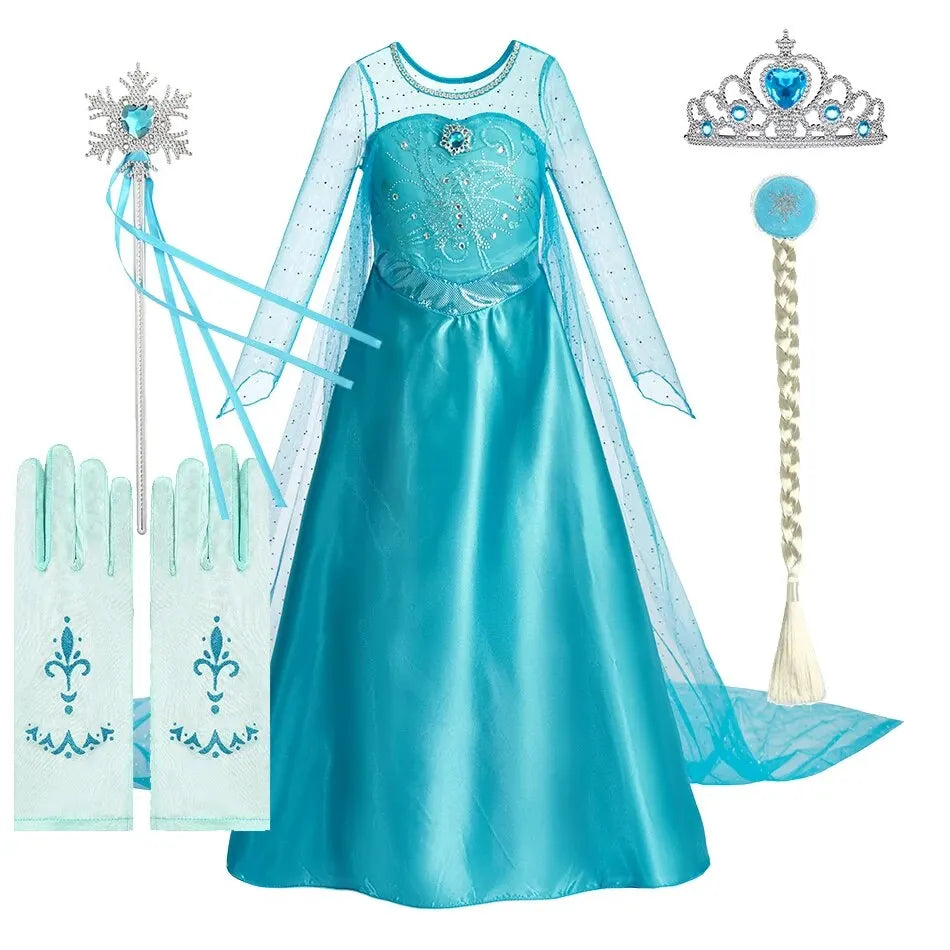 Girls Snow Queen Princess Dress – Elsa-Inspired Costume with Long Cloak for Halloween & Dress Up