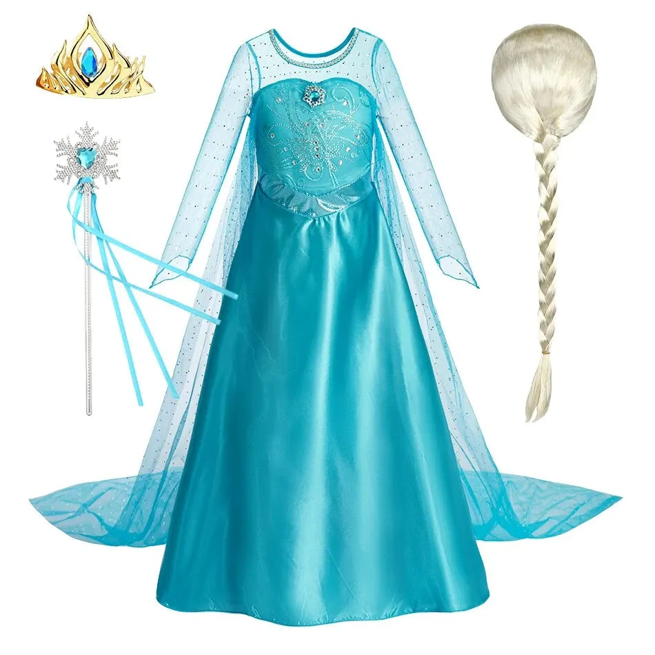 Girls Snow Queen Princess Dress – Elsa-Inspired Costume with Long Cloak for Halloween & Dress Up